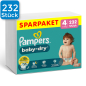 Preview: Vorderseite einer Packung Pampers Baby Dry Größe 4. Oben links ist ein blaues Viereck mit der Aufschrift "232 Stück"